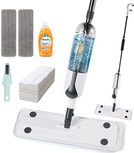 NATRUTH Spray Flat Mop for Floors Cleaning, Microfiber Dust Dry Wet Mop 20 PCS Dry Floor Wipes and 1 Scraper