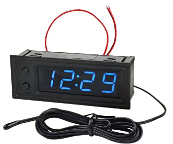 FBBULES 0.39” 3 in 1 Auto Uhr, DC 5-50V Thermometer Digital Voltmeter Elektronisch Uhr Messung Instrument LED Anzeige für SUV, Motorrad, Boot