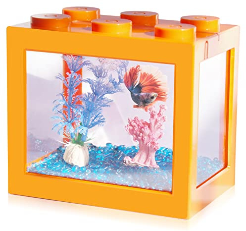 Small Betta Fish Tank, Stackable Mini Fish Tank Aquarium Tank Kit, 3/5 Gallon Rectangular Fish Bowl with Aquarium Gravel Decoration, Tiny Cube Tank for Seaweed Balls Sea Monkeys