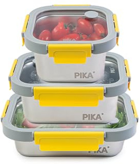 Pika|Lot 3 boites alimentaires inox, couvercle verre Compatible micro-ondes | 600ml + 800ml + 820ml, Compatible micro-ondes, MetalShock