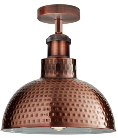 E27 Vintage Copper Hammered Semi Flush Mount Ceiling Light With 26cm Dome Shade Easy Fit Premium Quality Anti Rust Durable Metal Industrial Ceiling Lighting Fixtures for Kitchen Dining Room Bedroom