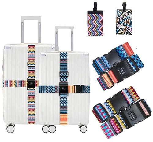 Pdodo Koffergurte 4 stück Koffergurt Einstellbare Aviation Plates,4 Einstellbare Kofferband Schnalle Schließung+2 Luggage Tags,Kofferanhänger Koffer mit Namensschild Adressschild Reisen