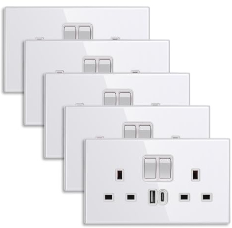 CNBINGO Double Socket with USB C, Electrical 20W Glass Plug Sockets,5 Pack | 20W PD USB C/A Fast Charging,5 Pack Wall Outlets,Black White Grey USB Double Switched Socket