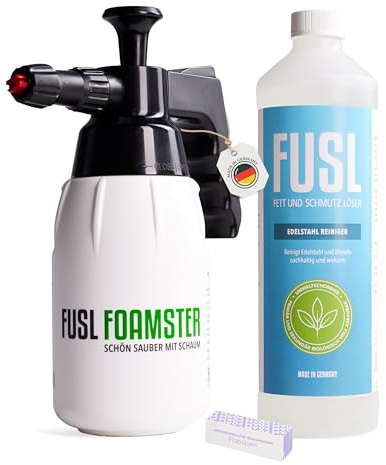 FUSL Edelstahlreiniger Set 1Liter plus FOAMSTER Schaumkanone | Effektiv gegen Fett & Schmutz | Streifenfreier Glanz | Für Edelstahl, Aluminium, Chrom in Haushalt, Küche, Handwerk & Gastro