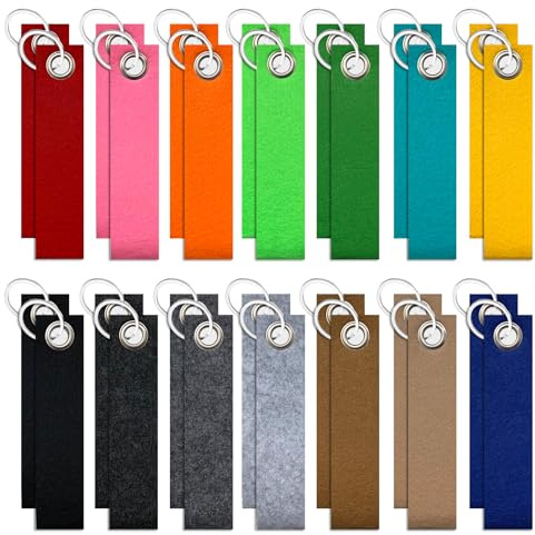 28 Stück Bunter Filz Schlüsselanhänger Mit Edelstahl Ring, Bunt für Auto | Schlüsselband Rohlinge Beschriftbar für DIY Handwerk Dekoration 13 x 3 cm