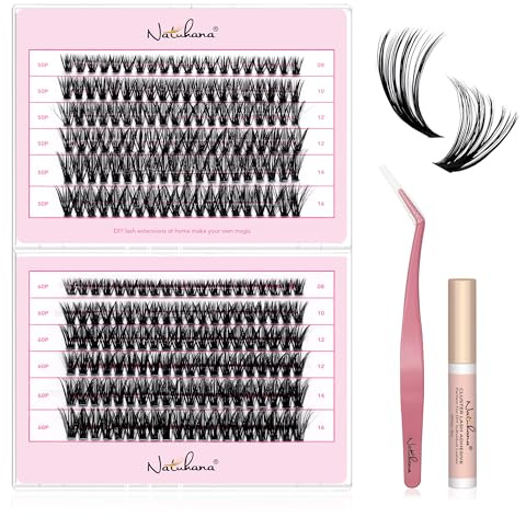 Natuhana Ögonfransförlängningssats, 240 st ögonfransgrupper, set 8–16 mm C Curl naturligt, individuellt gör-det-själv falska ögonfransförlängningar, volym med lim och pincett