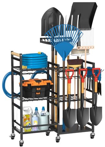 NADAMOO Garden Tool Organizer with Rolling Wheel, 3-tier Metal Shelf Yard Tool Holder, Utility Stand Rack for Garage Organization and Storage, Hold Long-Handled Rakes, Shovel, Broom