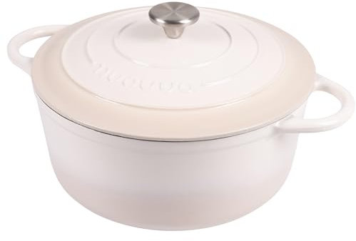 Nuovva Enamelled Cast Iron Dutch Oven Pot with Lid – 6.4 Quart Casserole Dish – Ceramic Dutch Oven for Bread Baking, Roasting, Braising & Stews – Oven Safe up to 500°F – 28cm Cream