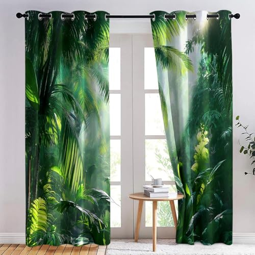 Vorhang Sonniger Dschungel-Hintergrund Drucken Grün mit Ösen Verdunklungsvorhänge Gardinen Thermo Vorhänge Blackout Curtain Kinder Wohnzimmer Schlafzimmer H166 x B75 cm (2er Pack)