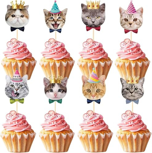 Gatos Cupcakes Decoración, 24pcs Gatitos Cupcake Toppers, Cupcake Toppers, Adornos para Cupcakes de Gatitos, Decoración De Tarta Con Gatos, Topper Tarta Cumpleaños