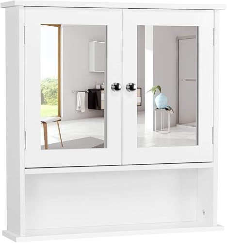 Yaheetech Armarios con Espejo para Baño Armario de Pared con 2 Puertas Mueble de Pared de baño Espejo con Estante Mueble para Baño Cocina 56×13×58cm Blanco