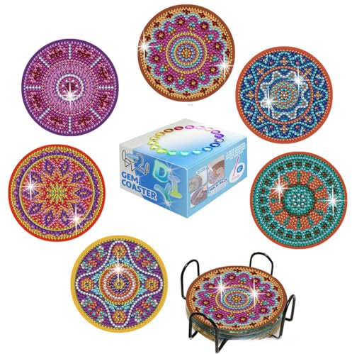 Untersetzer Getränke-6er Set Saugfähig Kork Keramik Glasuntersetzer, Kunst-Diamant-Malerei-Set mit Mandala-Aufklebern, Diamond Painting Kinder, Diy Mandala Coasters für Anfänger, Kinder