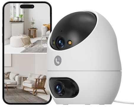Beans View Caméra Intérieure 3K+3K (5MP+5MP) à Double Objectif, Caméra Surveillance Sécurité 360°, Vision Nocturne Couleur, Détection de Personne, Compatible Alexa, 2.4GHz, Appel Bidirectionnel D220
