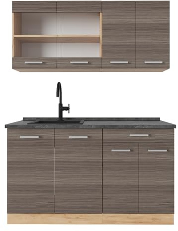 Vicco Singleküche R-Line, Edelgrau/Goldkraft Eiche, 140 cm