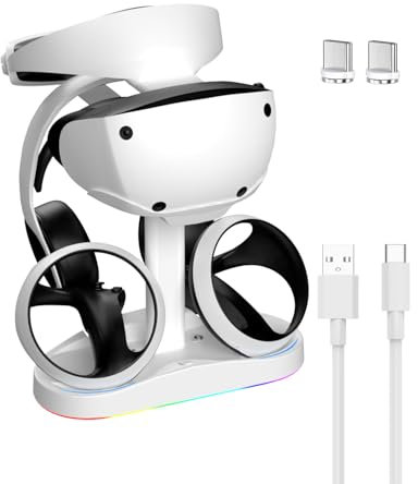 CHARM FOCUS Charging Station for PSVR 2, Vertical PlayStation VR2 Headset Display Stand, Dual PSVR2 Controller Charging Dock with LED Indicator, 9 RGB Light Modes