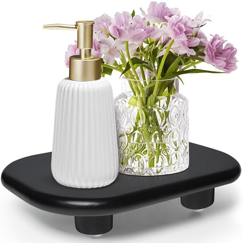 Sopicoz Wood Display Riser, Decorative Display Stand for Candles Plants Bottles Vases Soap Dispenser , 9 inch Wooden Tray Pedestal Stand for Kitchen Bathroom Countertop Decoration (Black, 9 inch)