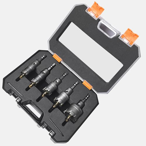 TCT Carbide Hole Saw Kit 5PCS, 5/8 to 1-3/8 Metal Hole Cutter, Hex Shank Carbide Bits Set with Pilot Drill for High Precision Cutting of Iron, Stainless Steel, Aluminum, Alloy, Copper, Plasterboard.