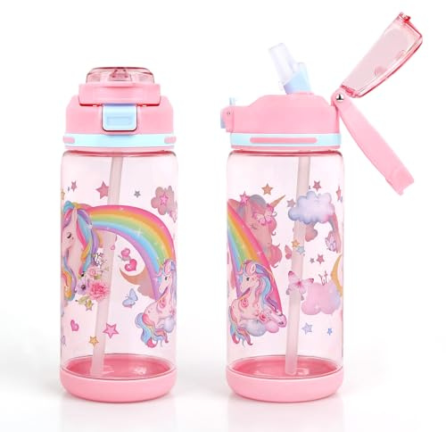 decalsweet Gourde Enfant, Anti-Fuite, 600ml Maternelle avec Paille, Verrouillage Sécurisé, Bouteille Enfant pour École & Sport, Gourde Sport pour Filles et Garçons (Licorne)