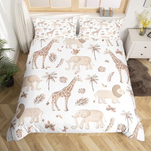 Loussiesd Animaux de la Jungle Housse de Couette 140x200cm Elephant Lion Giraffe Parure de Lit African Safari Animaux Literie Set pour Les Enfants Garçons Filles Wildlife Décor