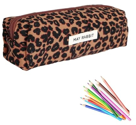 JOOTUEPO Federmäppchen Mädchen, Mäppchen Cord-Stoff, Teenager Etui Schule, Portable Federtasche Erwachsene, Pencil Case Aesthetic (Beige-Leopardmuster)