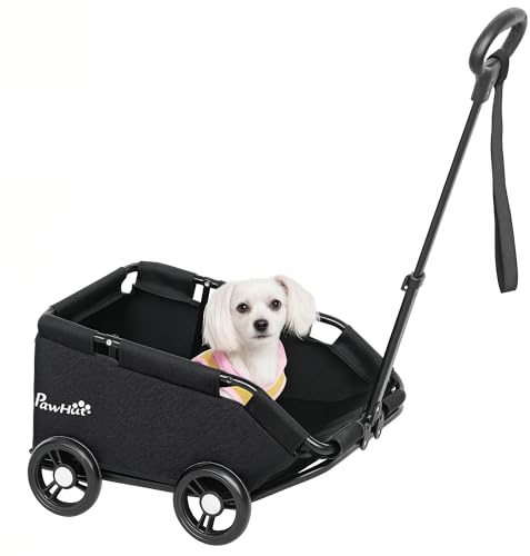 PawHut Carrito para Perros Plegable Cochecito para Mascotas Carrito para Perros Miniatura con Barra de Empuje Ajustable Diseño Abierto Cojín Bolsa de Almacenamiento y Ruedas 53x45x28 cm Negro