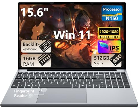 Ordinateur Portable 15,6 FHD IPS avec Celeron N150 Processeur, 16Go DDR4 RAM 512Go SSD, Win 11 PC Portable avec Clavier Rétroéclairé/Déverrouillage Empreinte Digitale, Laptop WiFI5 USB3.0 HDMI 5000mAh