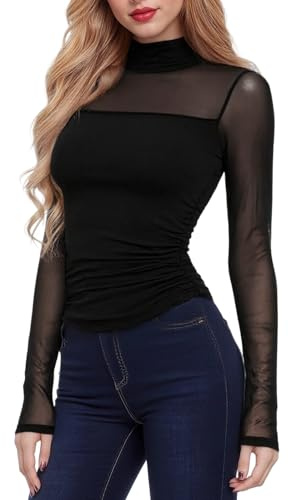 viiotu Long Sleeve Mesh Tops for Women Sexy Sheer Tops Going Out Top for Party Daily Wear Date (UK, Alpha, M, Regular, Regular, Black)