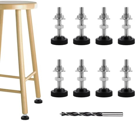 WOUYTPE 8 Pezzi Piedini per Mobili Regolabili, Piedini Pegolabili M8 x 50mm, Piedini per Mobili Domestici con Dadi a Percussione, Controdadi e Trapani per Metallo, Piedini di Livellamento