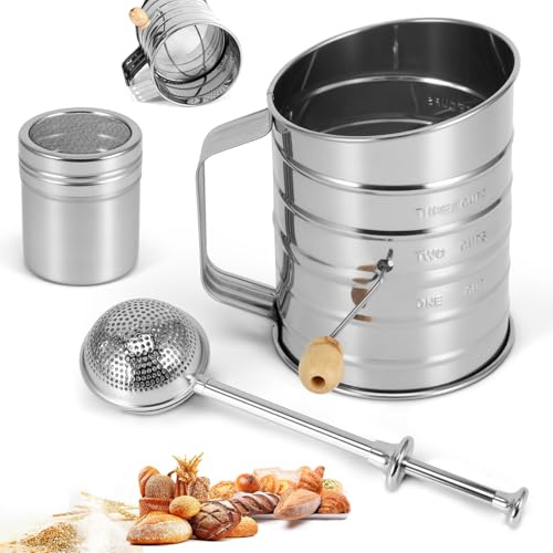 Flour Sifter for Baking, 3 in 1 Stainless Steel 3 Cup Flour Sieve Fine Mesh Sifter, Hand Crank Baking Sifter with Loop Agitator, Powdered Sugar Shaker Duster Set for Baking Cakes, Pastries, Desserts