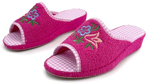 JOMIX Ciabatte Spugna Punta Aperta Traspiranti Pantofole Donna Estive con Zeppa Leggere Comode Casa da Anziani Ortopediche Suola Sughero Morbida Slippers con Ricamo Elegante Fuxia 39