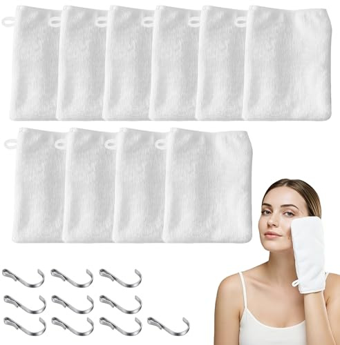 10 Pcs Facial Mitts - 15 x 21cm Soft Bamboo Face Cloths, White Microfibre Cloths Towels, Reusable Microfibre Gloves for Body and Face, Make Up Remover Face Flannels for Bath & SPA, With 10 Hooks