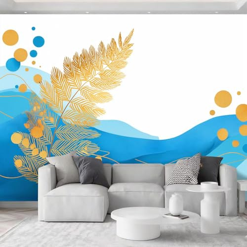 Fotomurales Tejido No Tejido 200 x 140 cm - Papel Pintado Fotográfico Acuarela Minimalista Plantas Hojas Murales Azul Póster para Niños Juvenil Salón Dormitorio Decoración Del Hogar