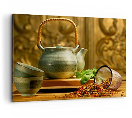 ARTTOR Leinwandbild 100x70cm Wandbild Küche - 2628 | Tee Kräuter Tassen Groß Wanddekoration Wohnzimmer Schlafzimmer Küche Wanddeko Wand Kunstdruck Wandkunst Wall Decor ARTTOR