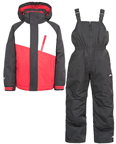 Trespass Crawley, svart/röd, 9/10, vattentät skiddräkt med avtagbar huva, damasker och ankel blixtlås barn unisex, ålder 9-10, svart