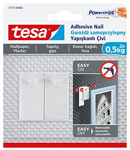 tesa - Chiodi adesivi per carta da parati e intonaco, 0,5 kg, senza chiodi, confezione da 2 chiodi adesivi e 3 strisce