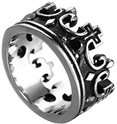 SINLEO Mens Womens Stainless Steel Vintage Royal King Crown Black Gemstone Ring Silver Size 8