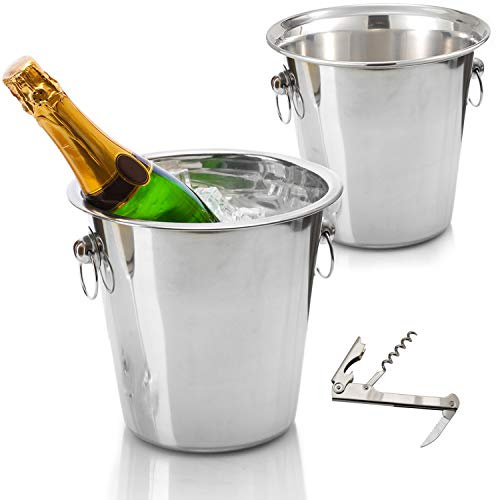 Tiger Chef Wine Bucket Set - Champagne Bucket - Beverage Tub: Includes Two 4 Quart Stainless Steel Buckets and Bonus Corkscrew