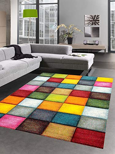 CARPETIA Teppich modern Wohnzimmer Karo bunt gelb rot blau grün Größe 80x150 cm