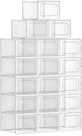 SONGMICS Schuhboxen, 18er Set, Schuh-Organizer aus Kunststoff, faltbar und stapelbar, für Schuhe bis Größe 46, transparent-weiß LSP18MWT