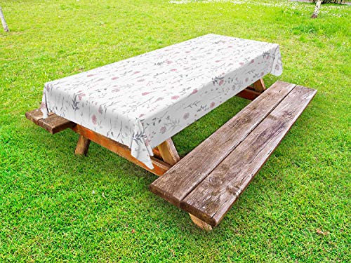 ABAKUHAUS Botanik Outdoor-Tischdecke, Minimalist Gartenkräuter, dekorative waschbare Picknick-Tischdecke, 145 x 265 cm, Blush Flieder und Weiß