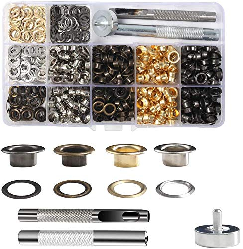 VGOODALL Ösen Werkzeug Kit, 400pcs Ösen Set 6mm 4 Farben Ösen Scheiben Ösenzange mit 3tlg Werkzeugset für DIY Leder Handwerk Stoff