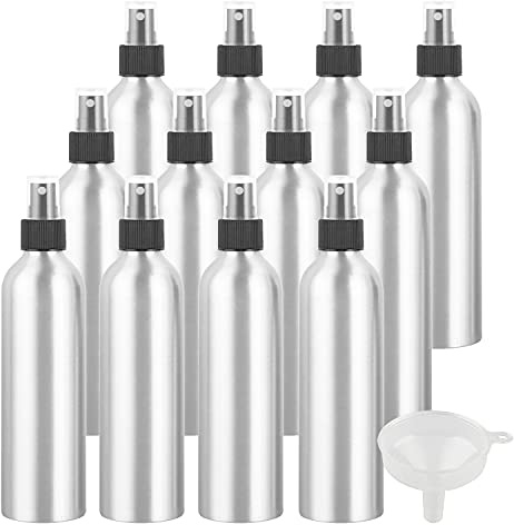 ZEOABSY 12 Pièces Portable Vide 250 ml Pulvérisateur en Aluminium Flacon Bouteille Vaporisateur avec Pompe Noire pour l'eau l'alcool Parfum Cosmétique Voyage Rechargeable, Entonnoir