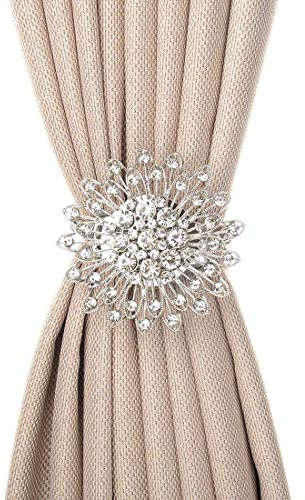 SUQ I OME Luxury Big Crystal Magnetic Curtain Tieback Flower Curtain Clips Buckle with Stretchy Wire Rope for Home Office Decoration(Silver C,2PCS)