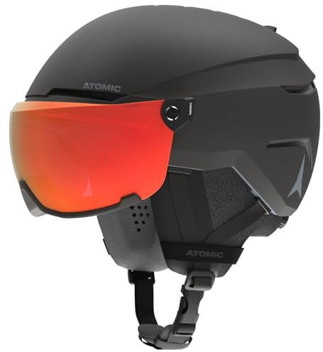 ATOMIC Salomon Savor Visor Photo Casco de esquí con visor, negro, talla L. Máxima absorción de impactos, sistema de ventilación Active Aircon, recubrimiento espejado para una visión clara, 59-63 cm