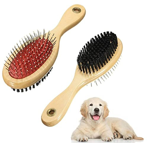 L Wooden Double Sided Pet Hair Grooming Brush - Soft Bristle Brush & Comb for Dogs & Cats with Long or Short Hair - Red