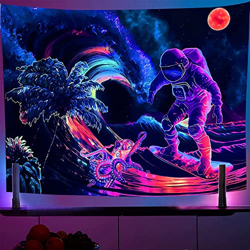 OSVINO Schwarzlicht Wandteppich Astronaut 130X150CM Raum Pflanzen Krake Tapisserie Ästhetisch Neon Wandbehang Kunstplakate UV-reaktiv Trippy Wandteppiche für Schlafzimmerdekoration
