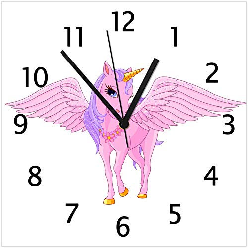 Wallario Design-Wanduhr Rosa Einhorn mit großen Flügeln aus Glas, Motiv-Uhr Größe 30 x 30 cm, Schwarze Zeiger