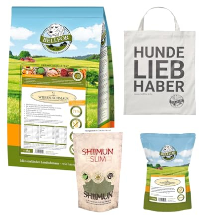 Bellfor Futterset für große Hunde – Kaltgepresstes Trockenfutter Wiesen-Schmaus 4 kg + Fleischstreifen Huhn 100 g + Shiimun Slim 120 g + Jutebeutel