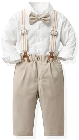 SALNIER Toddler Boy Suit Baby Boy Formal Outfit Set with Cotton Shirt Bow Tie Suspenders Pants for Wedding Birthday Party (W_Beige,4T)