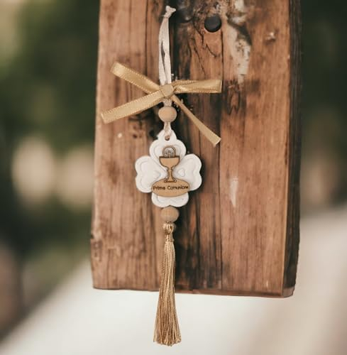 Doni Bomboniere Première 12 pièces Cintre avec craie en forme de marque-places confit Pensierini Gadgets souvenirs, communion de trèfle à quatre feuilles, application en bois, calice et inscription